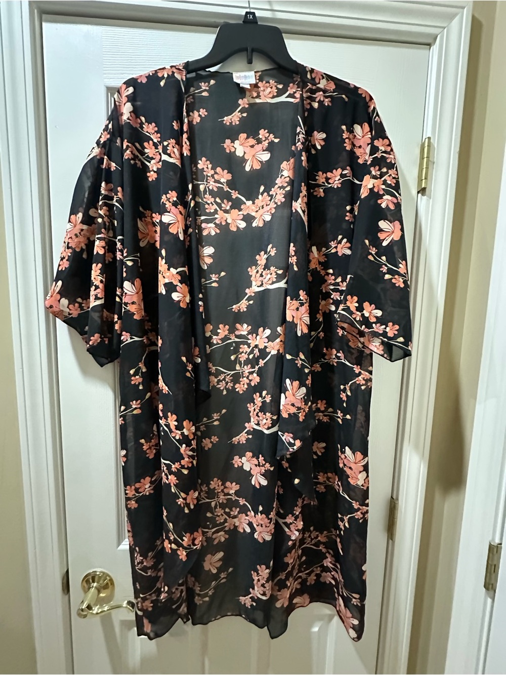 LuLaRoe Black Floral Kimono Cardigan with Pink Blossoms